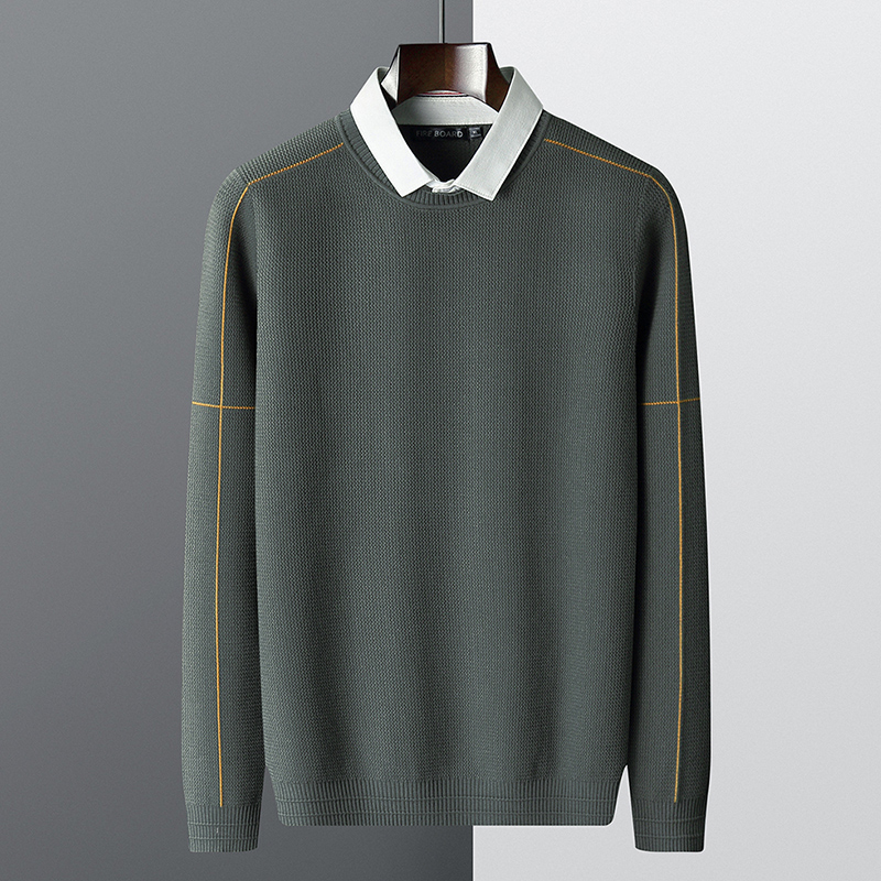 2021秋装带领假两件秋冬毛衣男冬加厚衬衫领男士针织衫青年外套潮