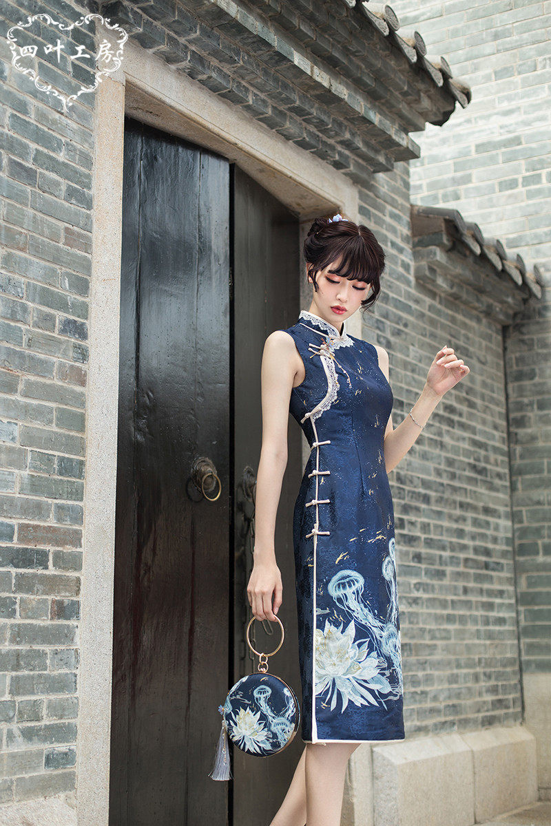 昙花水母长款复古改良无袖旗袍民国少女日常旗袍