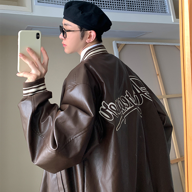 vibe美式棒球服男春秋美式复古oversize外套国潮高街飞行员皮夹克