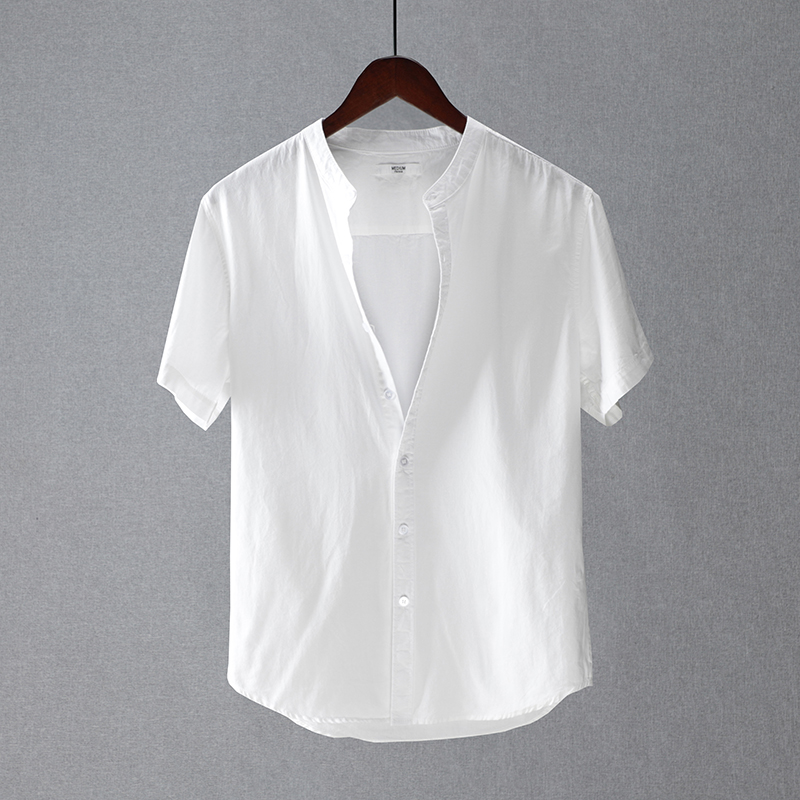 牛津纺短袖立领纯棉衬衫男宽松薄款棉质青年休闲衬衣纯色小清新白