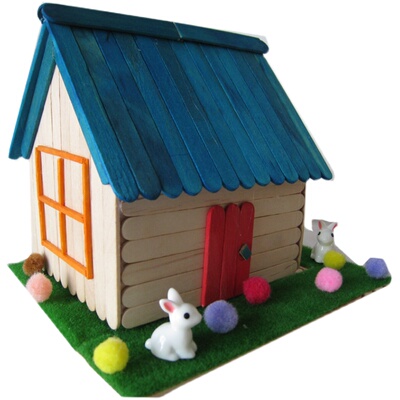 雪糕棒diy彩色小房子手工模型冰棒制作小屋益智环保拼装玩具