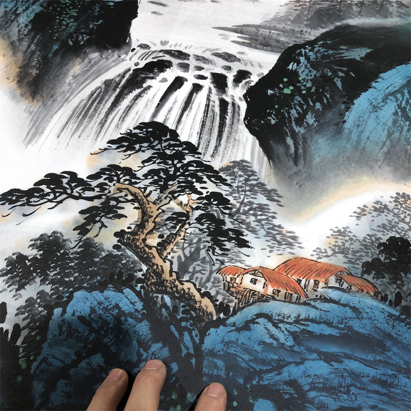 周强春山富水山水国画微喷复制横幅招财风水国画