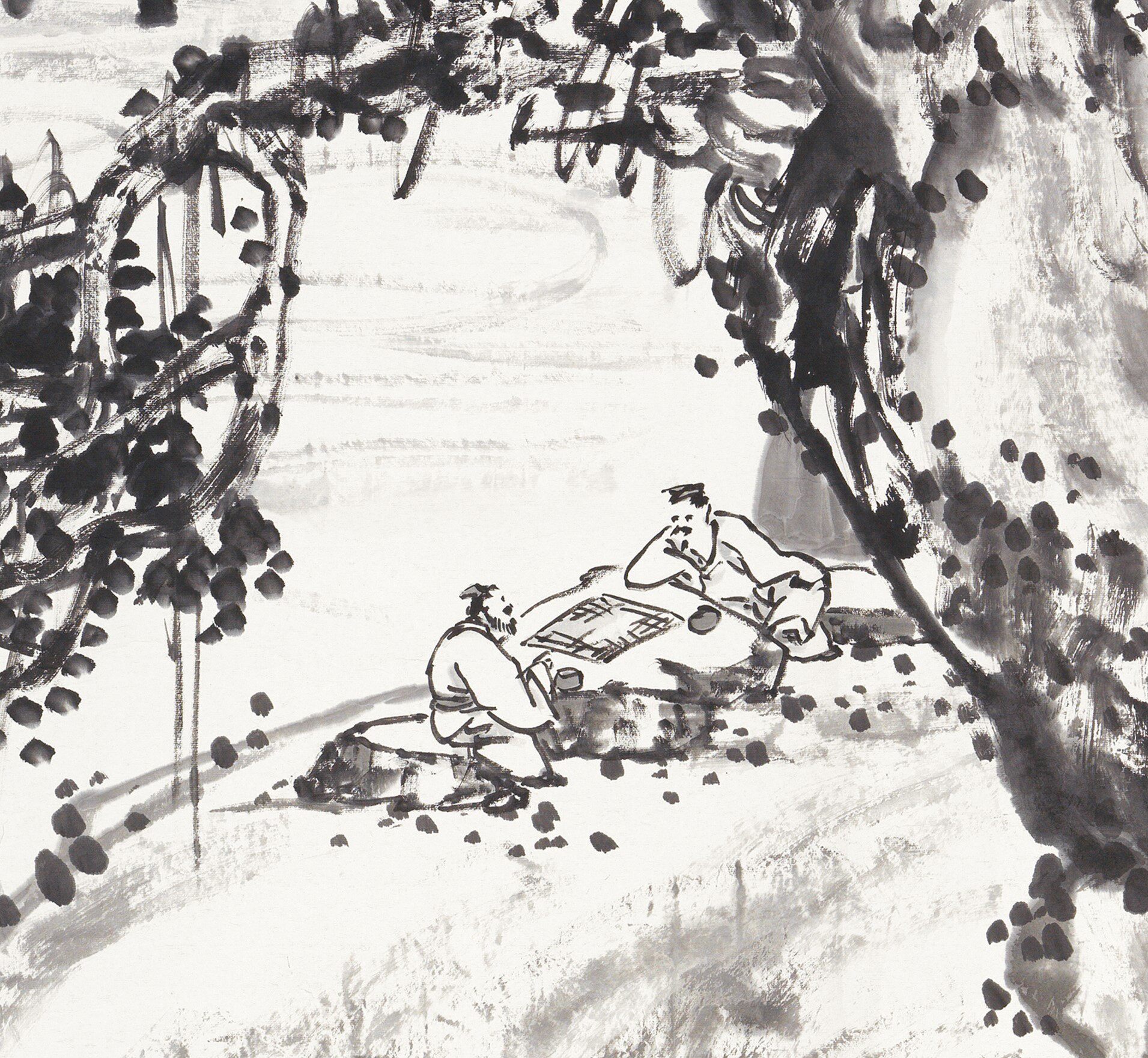 吴昌硕国画清微高清微下棋松溪人物山水画横幅名家国画