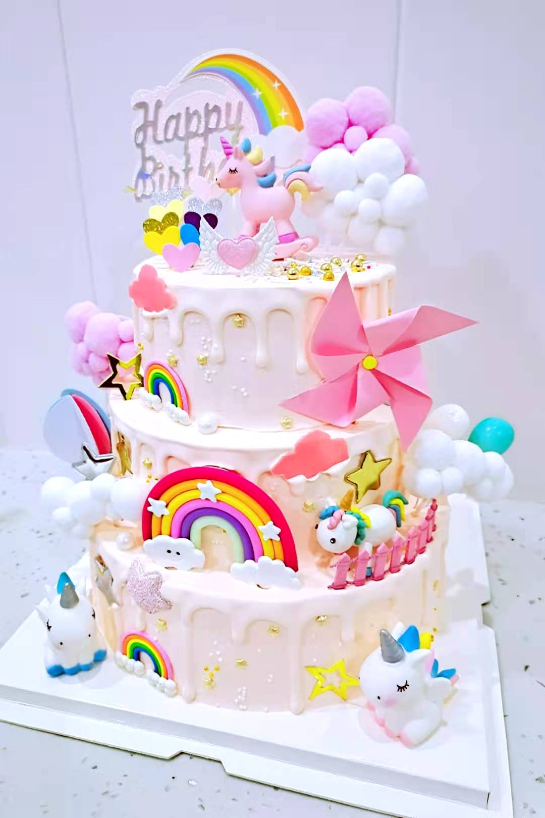 奶油重庆同城配送三层儿童周岁生日蛋糕独角兽水果