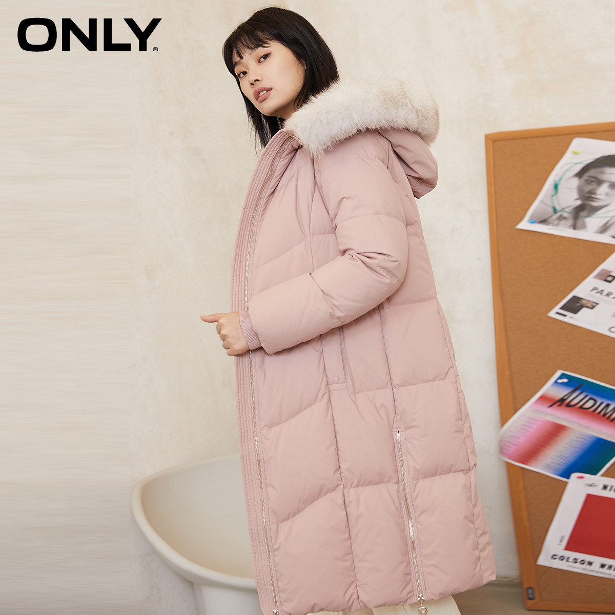 only2020冬季新款狐狸毛领白鸭绒长款过膝羽绒服女|119312519