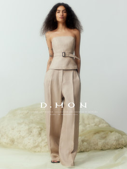 DMON ແນະນຳຢ່າງແຂງແຮງ 2-wear design_Customized 100% linen collarless suit jacket and tube top pants set three-pieces