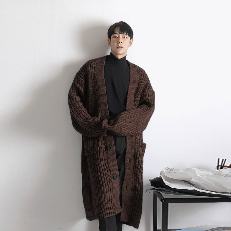 加厚2021年秋冬季新款男士宽松开衫长袖毛衣外套蓝色V领长针织衫