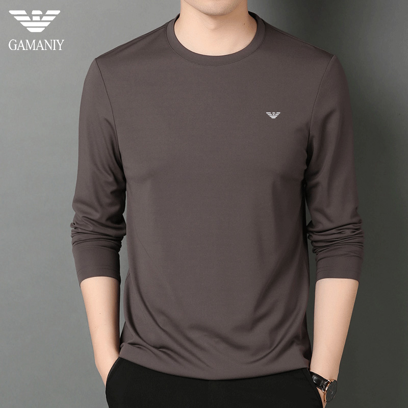 奇 阿玛尼亚含桑蚕丝长袖t恤男圆领韩版纯色男士加绒打底体恤衫