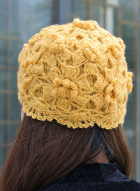 手工秋冬瓜皮帽立体花朵钩花帽子