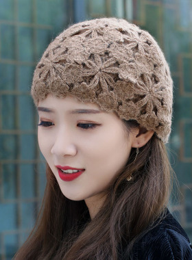 秋冬毛线帽洋气瓜皮帽复古钩花帽子