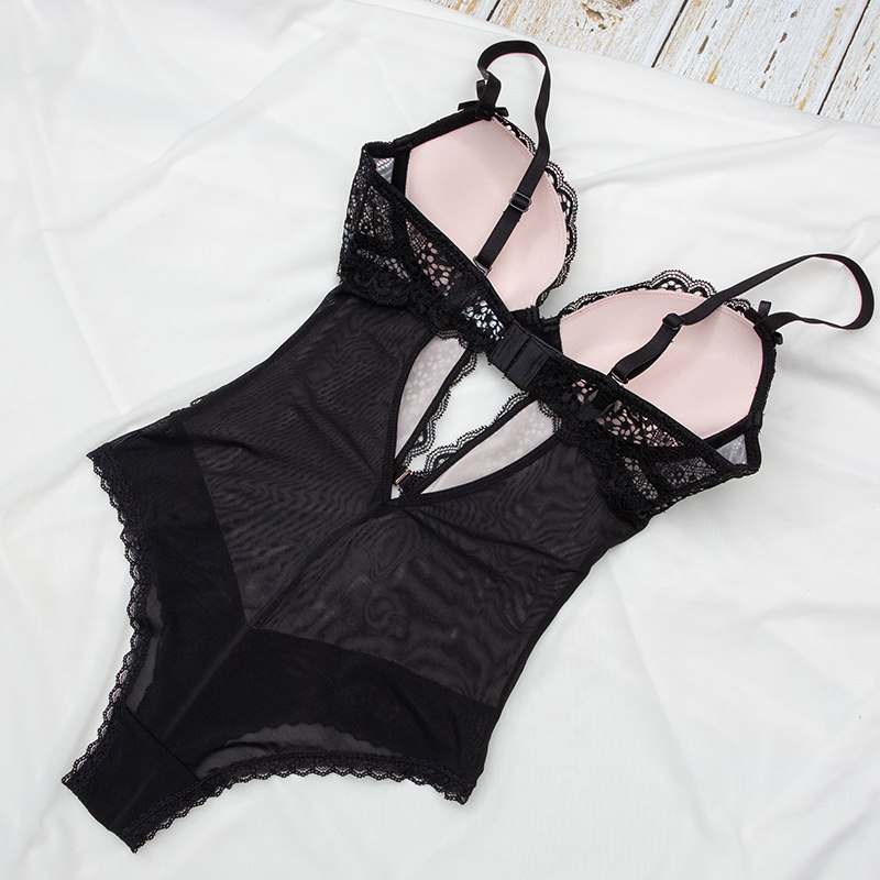 欧美蕾丝透明透明性性感女士连体衣超薄吊带美背文胸套装