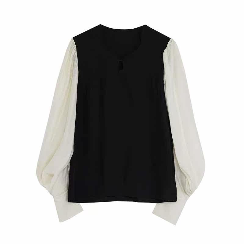 unspoken羊腿袖衬衫女早秋设计感撞色法式上衣复古通勤高级感衬衣