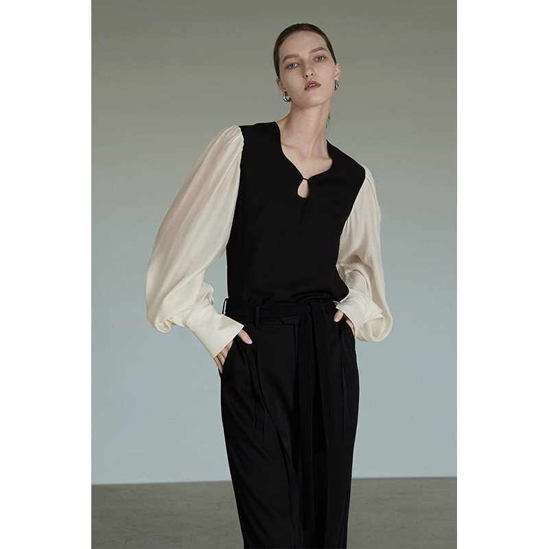 unspoken羊腿袖衬衫女早秋设计感撞色法式上衣复古通勤高级感衬衣