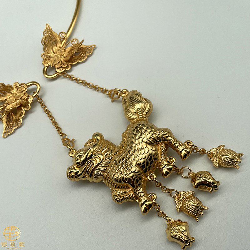 原创纯银镀金金麒麟长命古风汉服项圈项链配饰项链