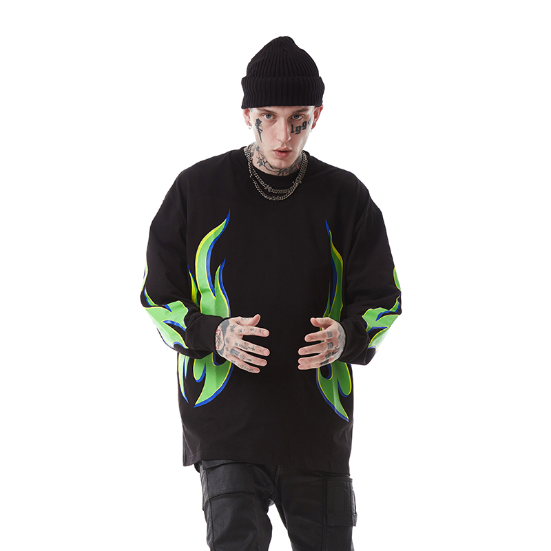 PMW火焰印花t恤男潮牌新款四季百搭长袖美式高街体恤春秋纯棉上衣