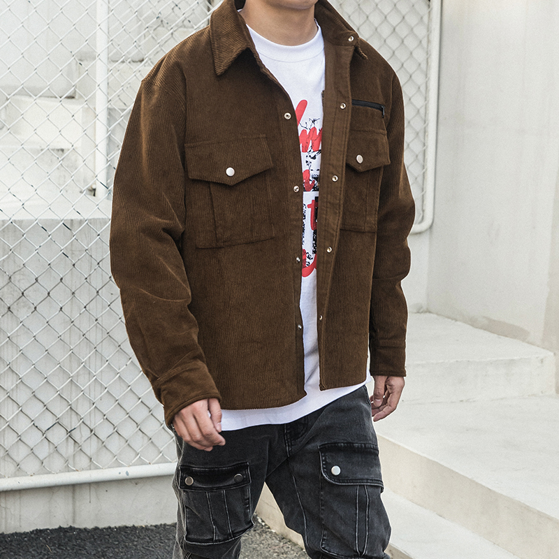 PMW 复古灯芯绒美式高街潮牌长袖衬衫纯色工装外套男春秋外搭夹克