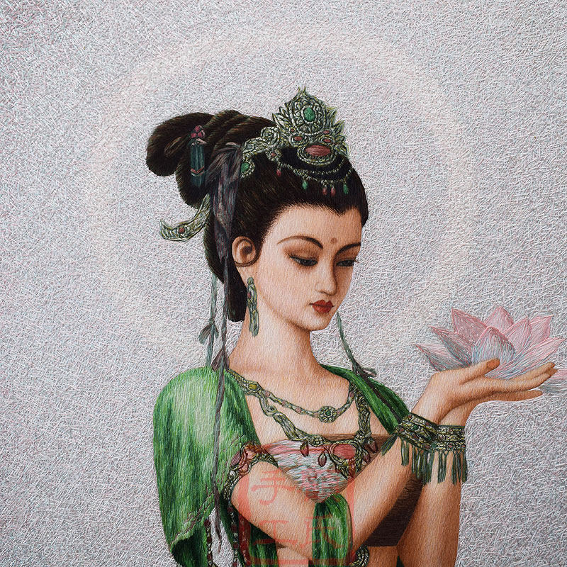 刺绣顾氏苏州成品敦煌飞天捧莲女手工人物油画苏绣