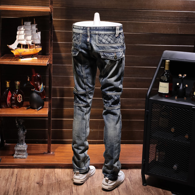 ins super hot pants men's autumn and winter retro stitching jeans men's slim straight European station personality trousers trend ins super hot pants men's autumn and winter retro stitching jeans men's slim straight European station personality trousers trend