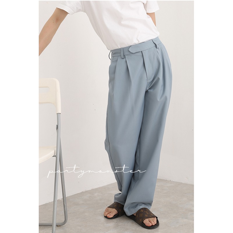 韩国GD同款雾霾蓝垂感直筒双抽褶宽松休闲西裤男廓形简约长裤情侣