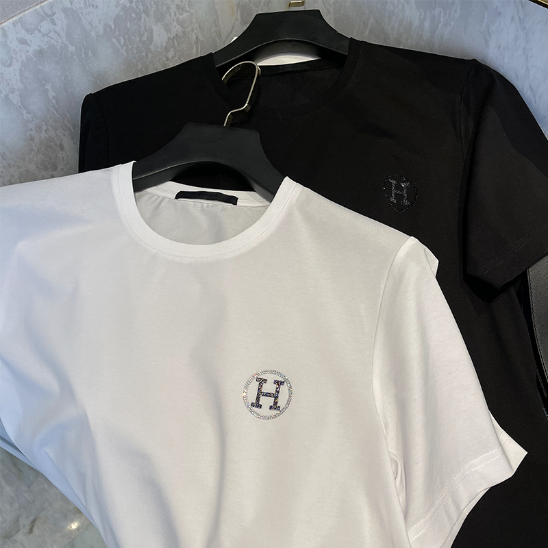欧洲站短袖男丝光棉小H烫钻高档大牌轻奢简约白色圆领夏天薄款T恤