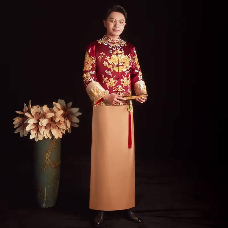 秀禾男士新郎中式礼服香槟色敬酒服秀和服2021旗袍
