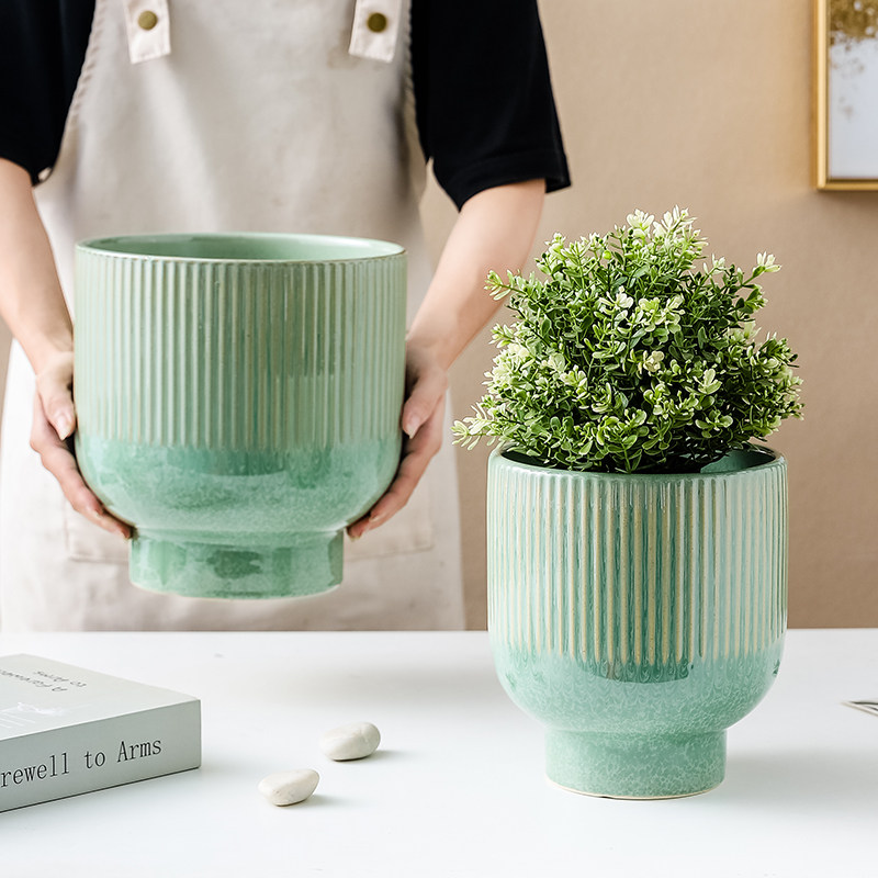 陶瓷花盆高款条纹形状创意网红北欧风格花卉花盆
