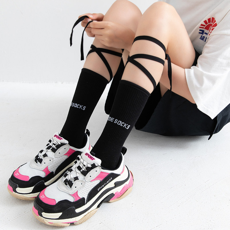 绑带袜子女交叉秋冬纯棉韩版潮牌ins网红红日中筒袜