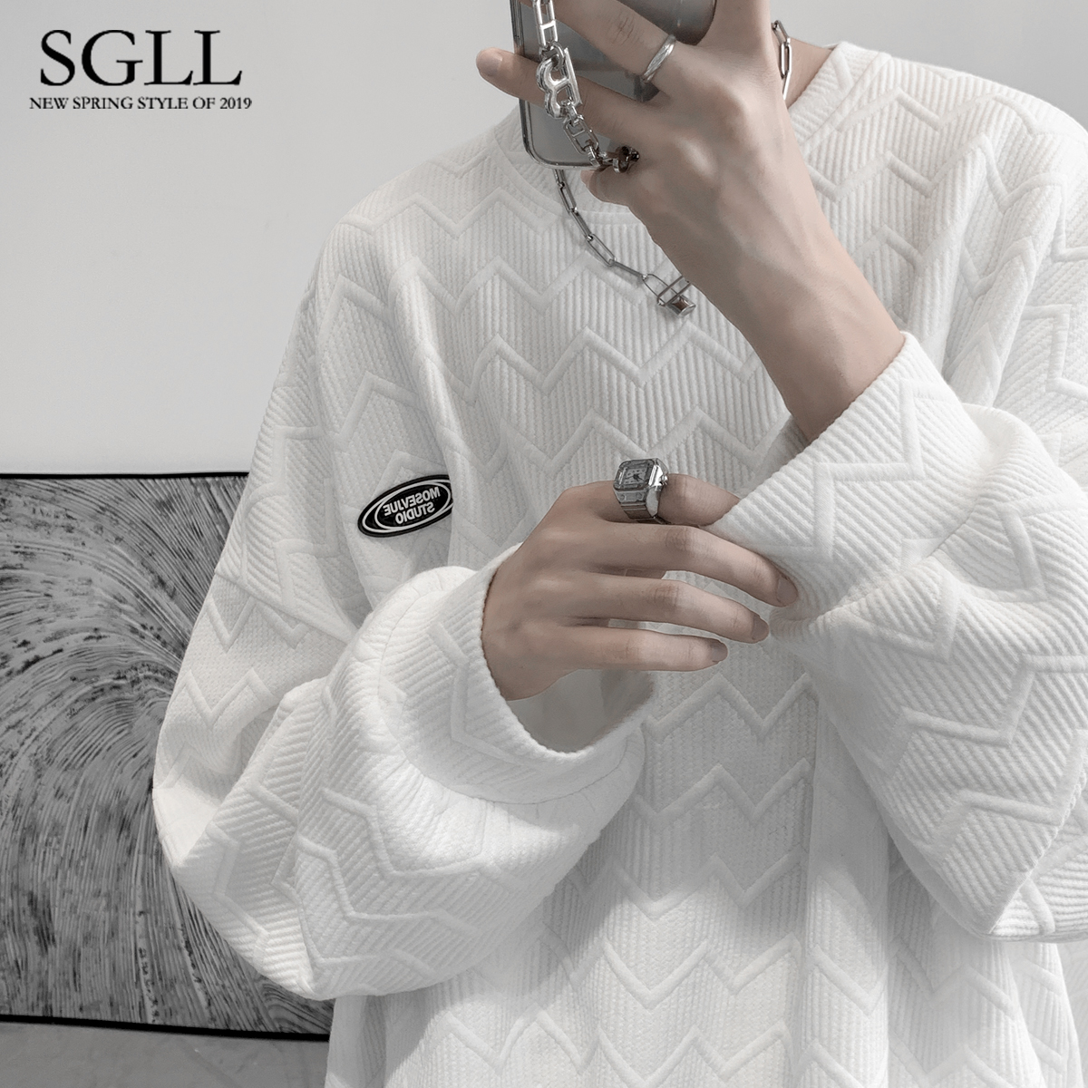 华夫格卫衣男士2021新款秋冬季情侣圆领男生加绒加厚上衣小众外套