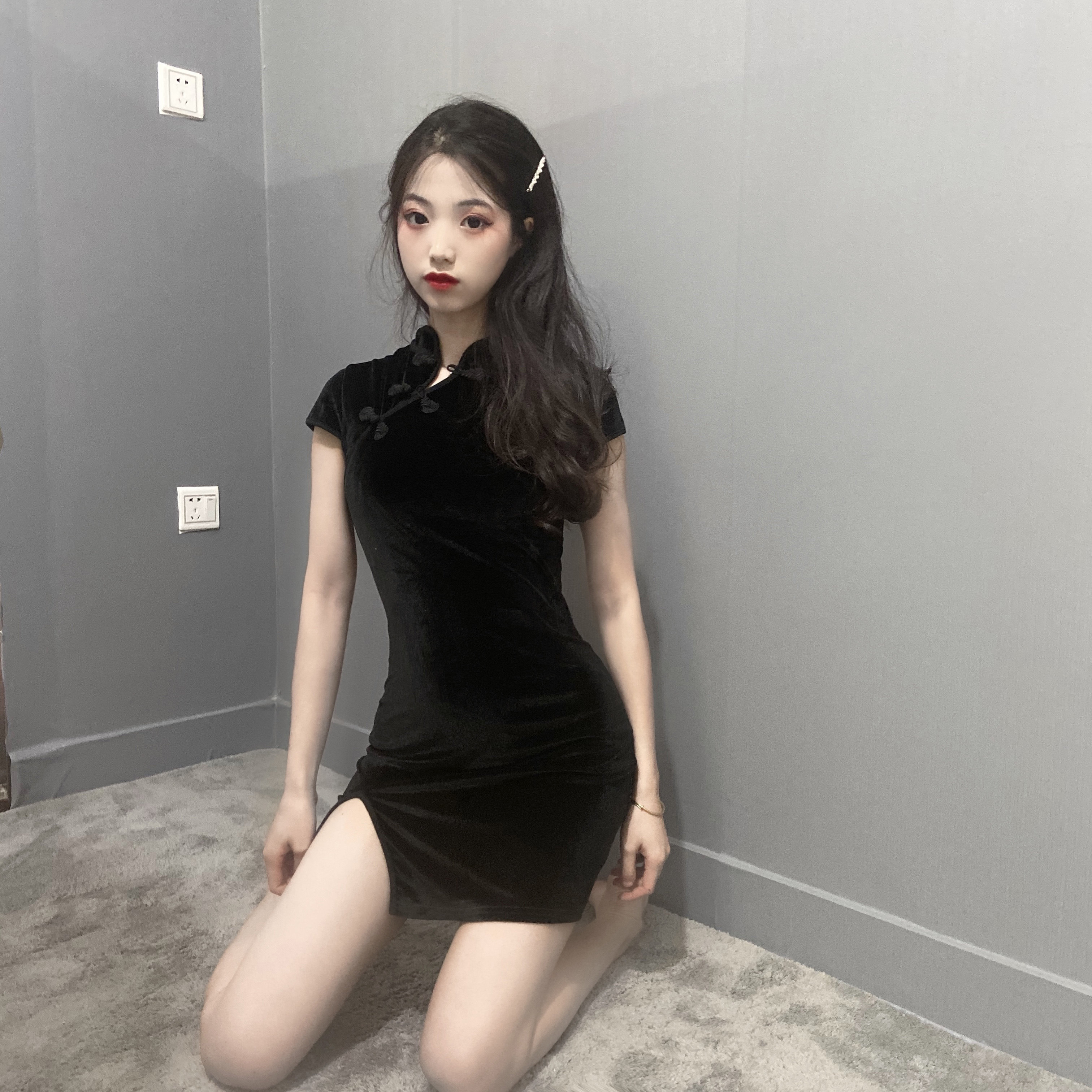 暗黑少女女中国风小黑裙复古盘扣旗袍开叉连衣裙旗袍