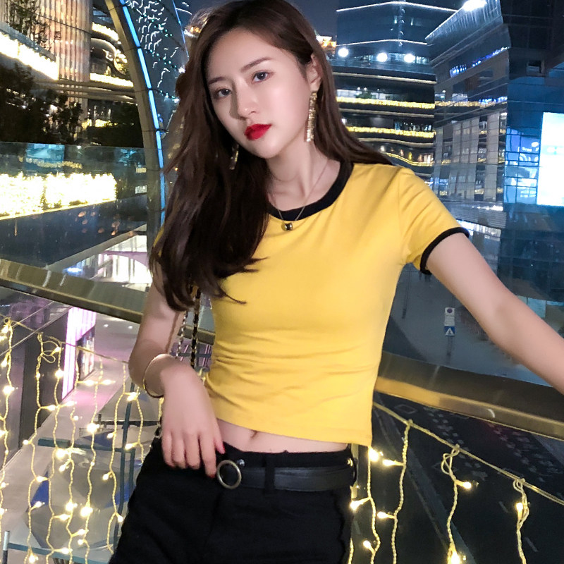 露脐上衣女小短款短袖肚脐衣服高腰紧身小众t恤