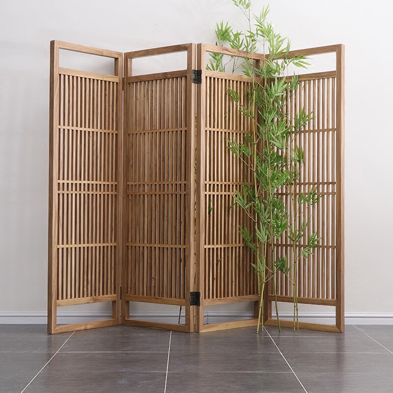 屏风隔断落地四折实木榆木免漆镂空简约式禅意折屏