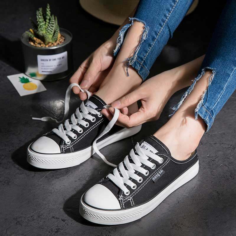 无后跟懒人鞋女 帆布拖鞋女外穿包头半拖大码41码踩脚情侣帆布鞋