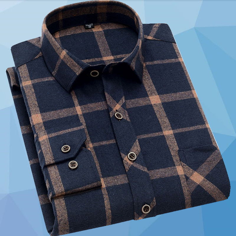 中年磨毛长袖衬衫男2022春秋款格子衬衣中老年爸爸装商务休闲棉寸