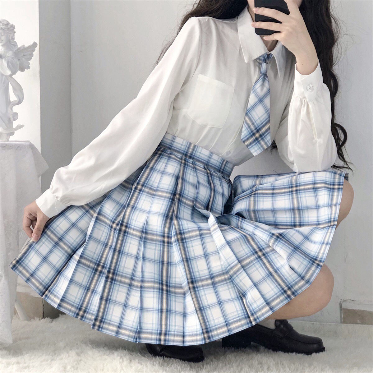 原创正版鸣泉正统jk制服格裙日学生蓝白短裙半身裙