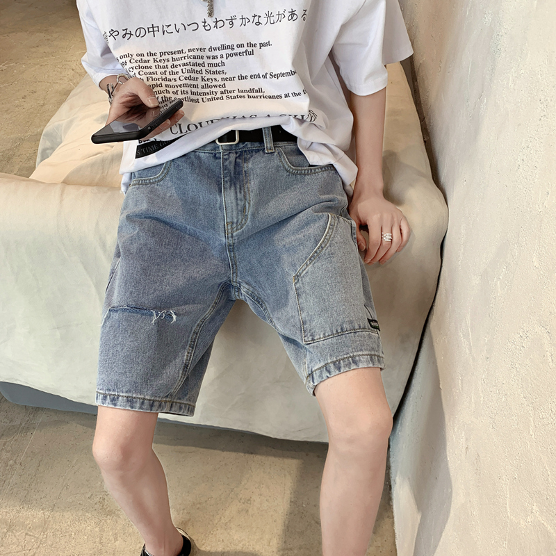 夏季薄款破洞牛仔短裤男ins潮流港风潮牌宽松百搭阔腿五分裤工装