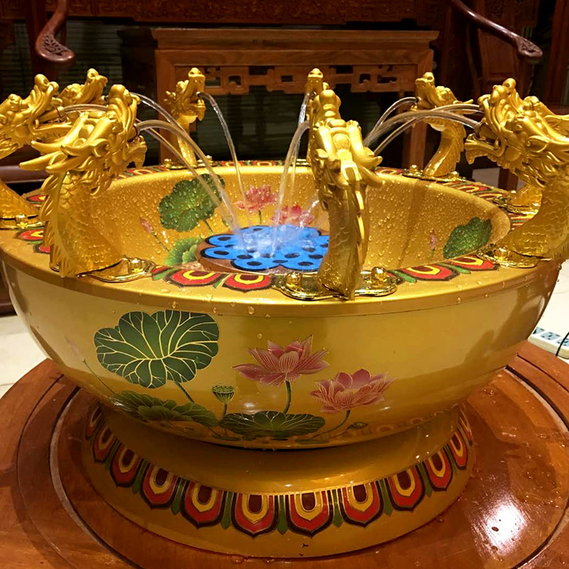 浴佛用品浴佛盆九龙喷水纯铜彩绘莲花浴佛盘太子摆件
