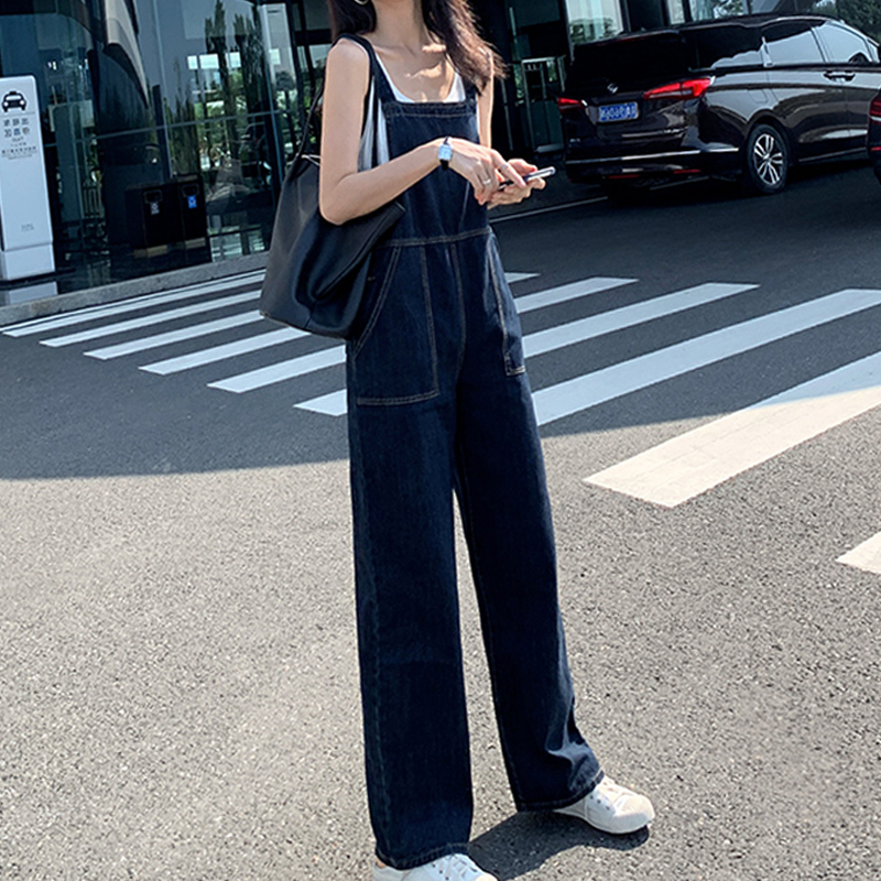 牛仔背带裤女韩版宽松2022年春秋新款高腰直筒显瘦拖地连体裤2021