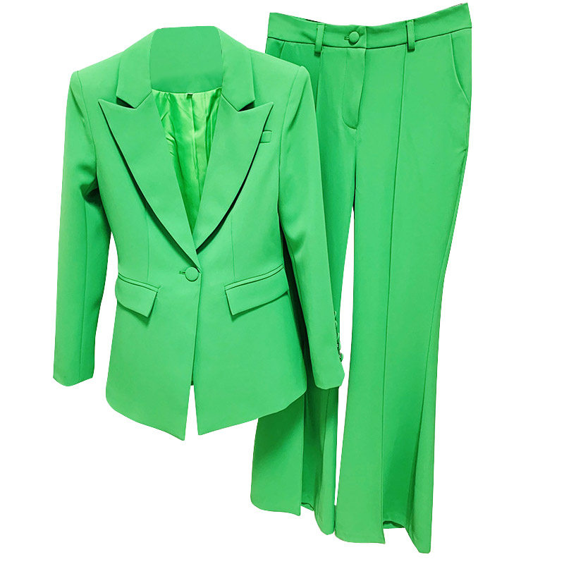 欧美2022明星新款时尚绿色一粒修身西装外套职业女裤套装