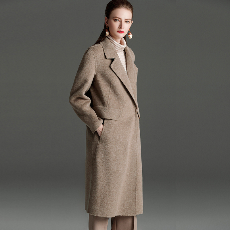 2019新款燕麦色双面羊绒大衣女中长款修身显瘦阿尔巴卡羊驼绒外套