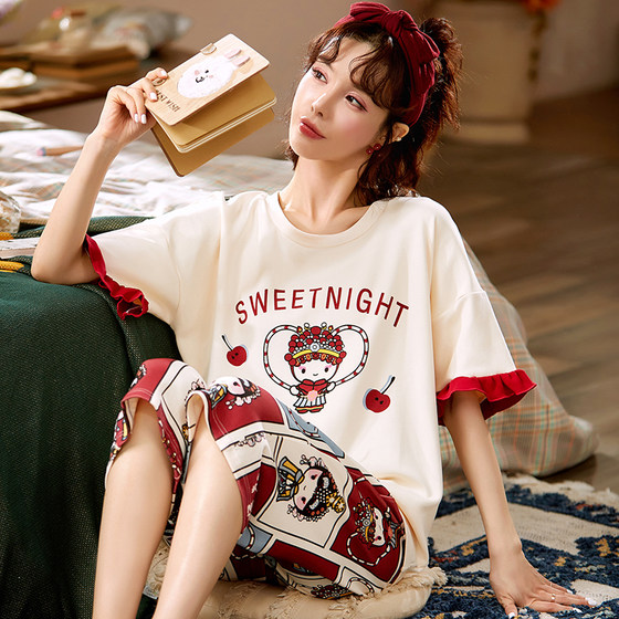 Pajamas Female Summer Short -sleeved Cotton Summer 2022 new thin large size nightdress summer women's home clothing suit Pajamas Female Summer Short -sleeved Cotton Summer 2022 new thin large size nightdress summer women's home clothing suit
