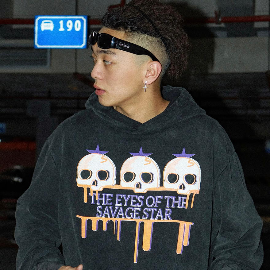 savagestar秋季美式480g重磅水洗做旧骷髅头发发泡卫衣
