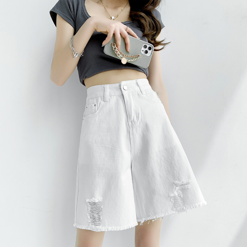 破洞牛仔五分裤女夏季薄款直筒宽松休闲中裤牛仔裤