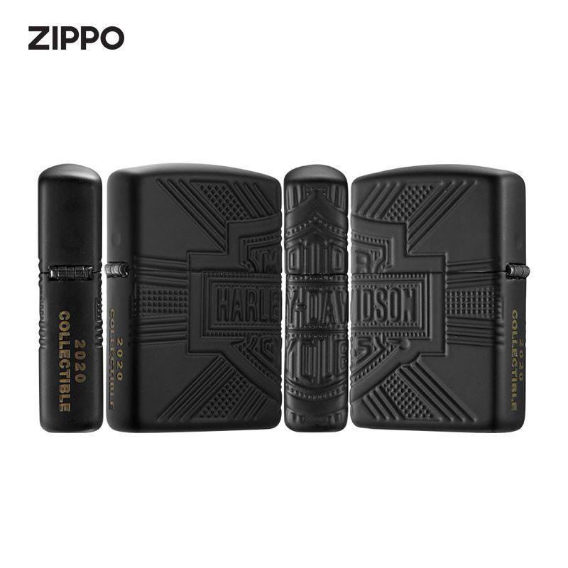 正版zippo打火机zioopo高级哈雷黑漆年度2020年三面zippo