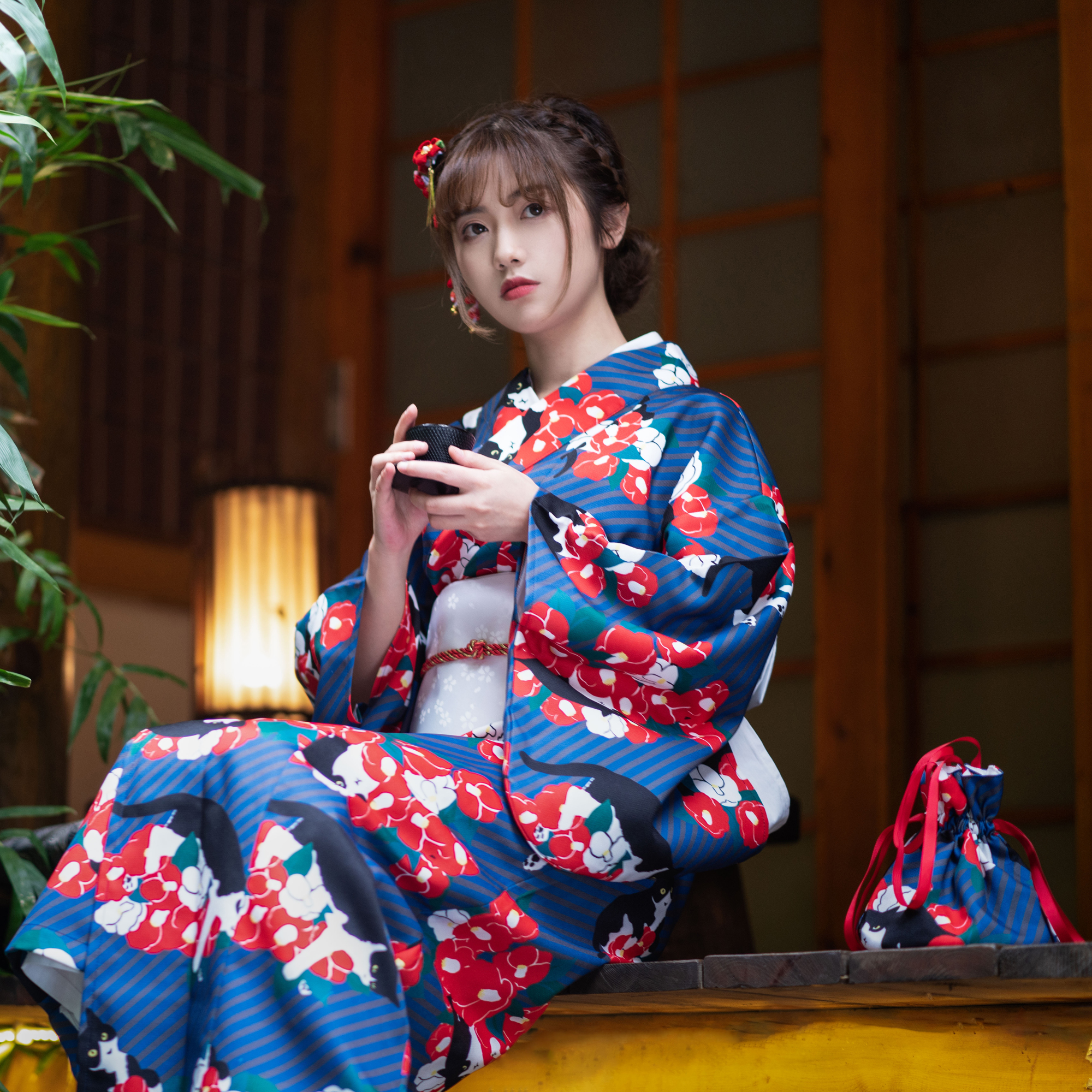 日式少女和服浴衣可爱牛奶猫咪图案 日本传统女士正装表演cosplay