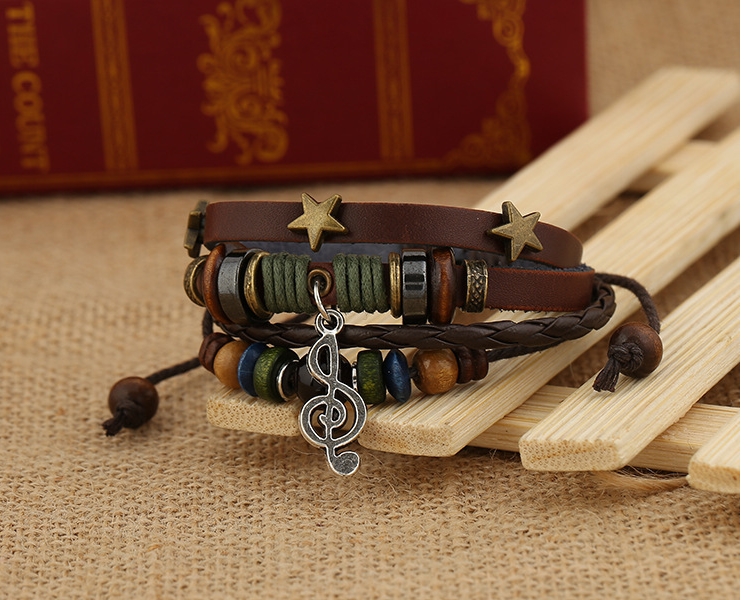 新款流行潮人星星音符吊坠手链 民族风男女编织多层皮革手环饰品