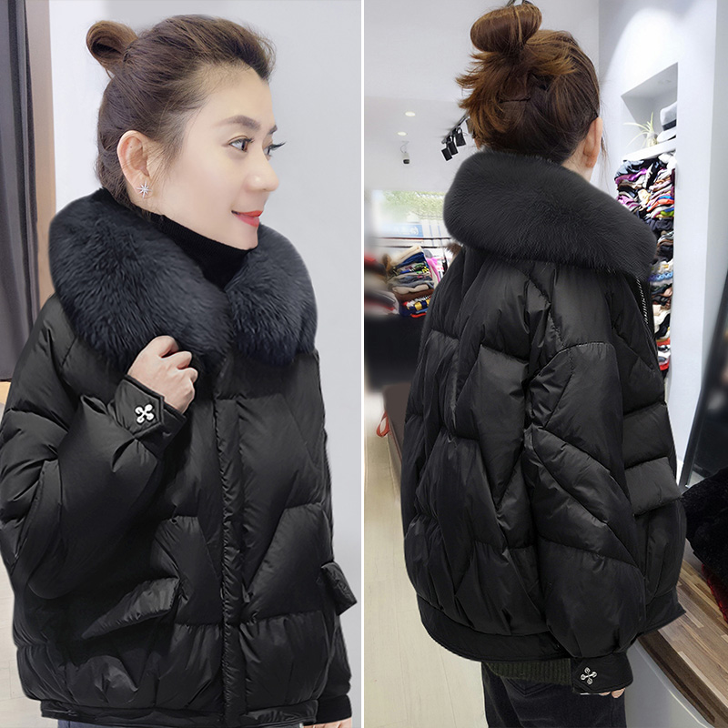 韩版白鸭绒短款羽绒服女黑色加厚毛领外套欧洲站冬季女装2021新款