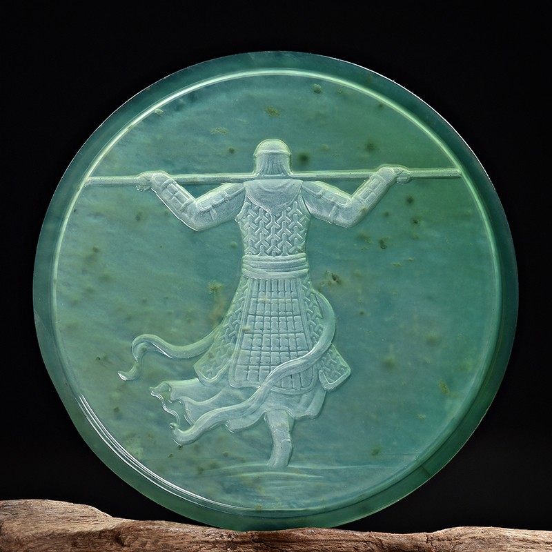 翡翠x25874果敢冰种蓝水齐天大圣吊坠玉石阴雕圆挂件颈饰