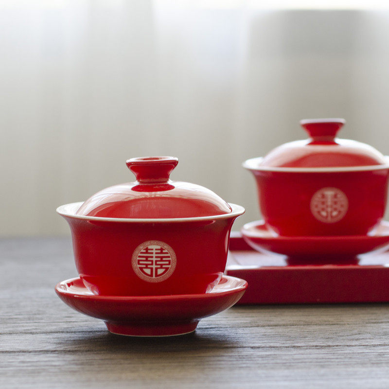 茶杯盖碗敬茶结婚红色一对双喜三才改口茶具盖碗