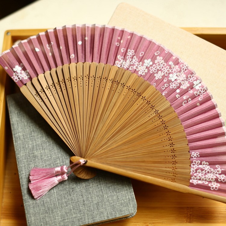 源氏日式日本和风折扇扇子竹柄和服樱花雕刻扇子