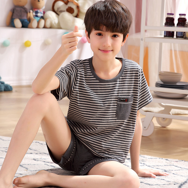 男孩睡衣短袖纯棉儿童夏季条纹男童家居服套装